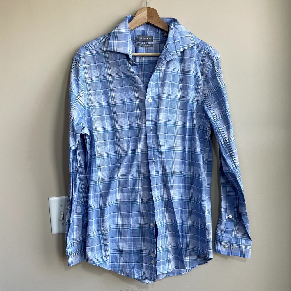 Michael Kors slim fit stretch blue checkered long sleeved button down shirt M